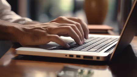 Generative AI : Casual business man freelancer working from home browsing internet on laptop computer Man typing on laptop computer keyboard close up online working telecommuting cの素材