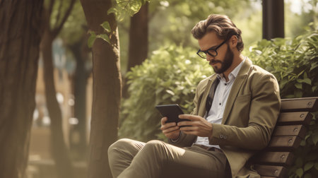 Generative AI : Casual business man sitting with digital tablet computer at home in garden browsing internet internet of things IoT concept close upの素材