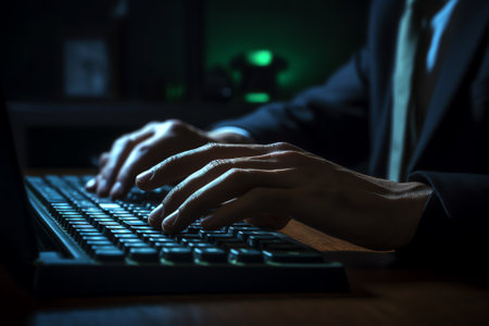 Generative AI : Casual business man hand hipster freelance browsing internet typing on keyboard busy working on laptop computer online working portable office concept close up backの素材