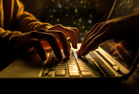 Generative AI : Casual business man hand hipster freelance browsing internet typing on keyboard busy working on laptop computer online working Business and technology concept closeの素材