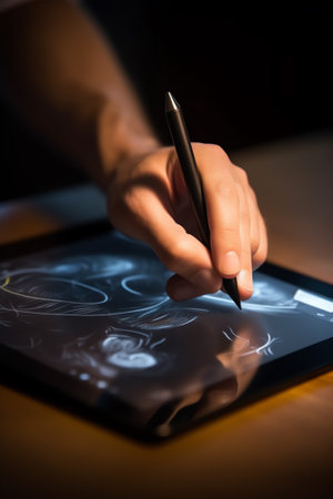 Generative AI : Casual business man with stylus pen writing on digital notepad touching on digital tablet screen working on laptop computer in office Graphic designer working his pの素材