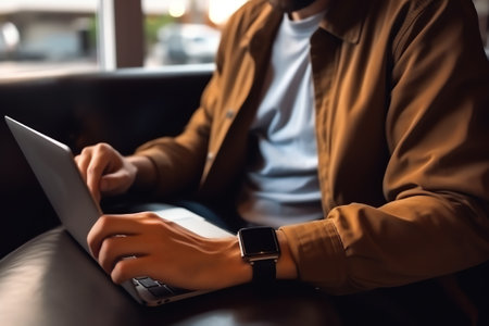 Generative AI : Casual business man using digital tablet while working on laptop computer in office Freelancer Creative designer working on web design project on tablet pc close upの素材