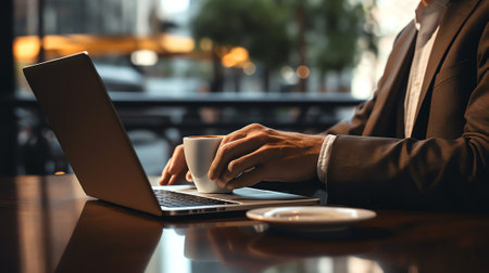 Generative AI : Casual business man or freelance using smartphone working on laptop computer cup of coffee on table in coffee shop Working from cafe browsing internet on mobile phoの素材