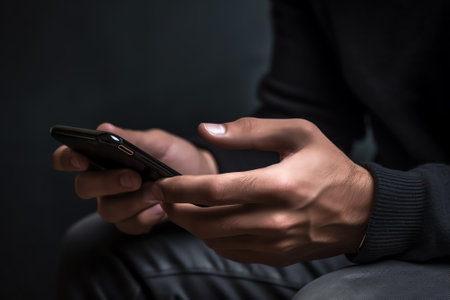 Generative AI : Casual man hipster in black shirt using mobile smart phone checking internet application touching smartphone screen with reflection close up toned imageの素材