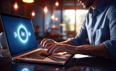 Generative AI : Casual man freelance working on laptop computer and clicking wireless digital mouse with digital tablet on office table close up dark toneの素材