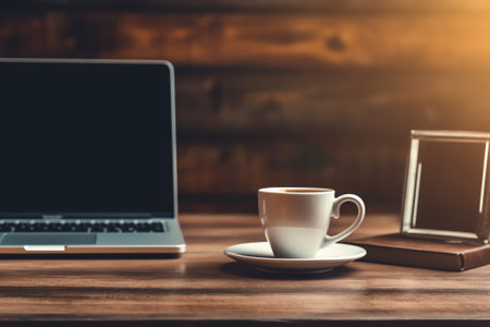 Generative AI : Close up cup of coffee mobile smart phone notebook and book on wooden table in coffee shop cafe and coworking space with morning light portable office modern peopleの素材