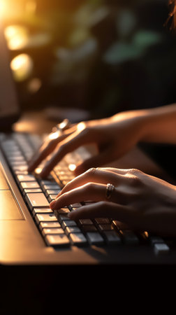 Generative AI : Close up image of woman hands typing on laptop computer keyboard and surfing the internet on office table online working business and technology internet network coの素材