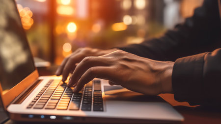 Generative AI : Close up of business man hand working typing on laptop computer keyboard on wooden table online working portable office business and technology concept dark toneの素材