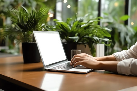 Generative AI : Close up of casual business man working on laptop computer browsing internet and using mobile smart phone on wooden table at home office Student studying online Eleの素材