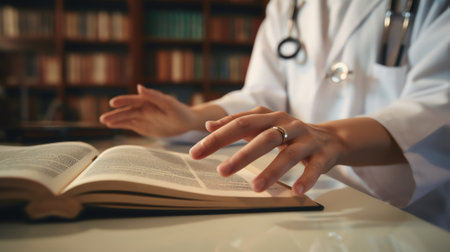 Generative AI : Close up of male doctor or medical student in white coat holding pen and reading dermatology anatomy textbook soft focusの素材
