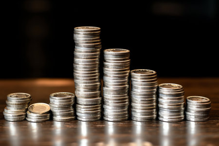 Generative AI : Close up of stack of silver coins over soft background with copy space for business and financial banking black and white economic risk management conceptの素材