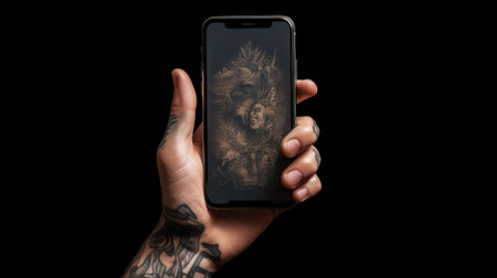 Generative AI : Close up of man finger using and touching on mobile phone screen on glass table with reflection and black backgroundの素材