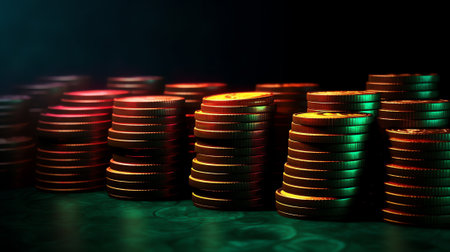 Generative AI : Close up of row of coins on dark background for business and finance concept wide screen plenty of copy spaceの素材