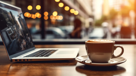 Generative AI : Close up of white cup of hot latte coffee and laptop computer on wooden table in coffee shop coworking space with soft background modern people lifestyle online worの素材