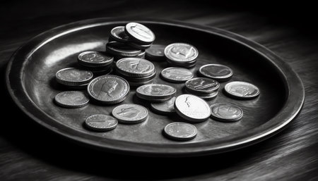 Generative AI : Close up of three coins standing on wooden table in black and white with soft background copy space for business finance and banking backgroundの素材