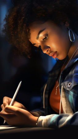 Generative AI : Close up of woman hand hold digital tablet and using stylus pen on screen with reflection Female illustrator graphic designer drawing with digitalise pen on mobileの素材