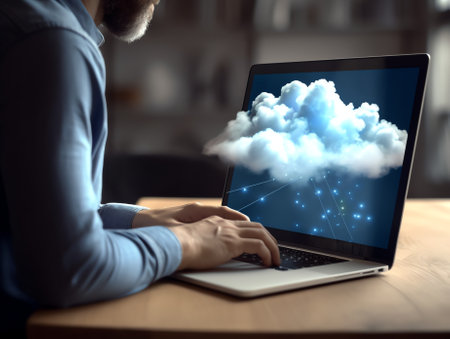 Generative AI : Cloud technology Data storage and backup Edge computing technology Networking and internet service concept Man using laptop computer and mobile phone with cloud comの素材