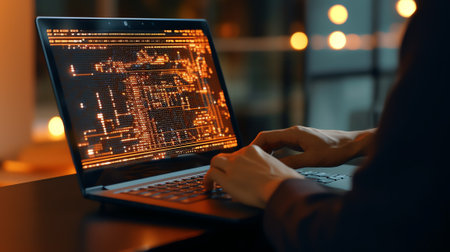 Generative AI : Coding software developer working on laptop computer programming internet application with modern tech interface Digital technology development conceptの素材