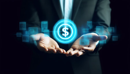 Generative AI : Currency exchange money transfer FinTech financial technology Global business online banking interbank payment concept Man using mobile phone and laptop computer wiの素材