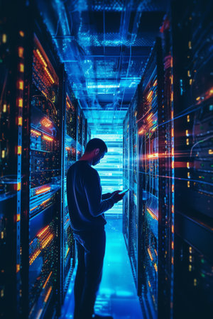 Generative AI : Computer engineer using digital tablet with server room data center big data storage as backgrounds digital technology database IT support internet network technoloの素材