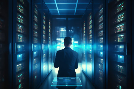 Generative AI : Computer engineer working on laptop computer with server room data center big data storage as backgrounds digital technology database IT support telecommunication iの素材