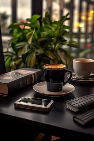 Generative AI : Cup of hot coffee and digital tablet on wooden table at coffee shop coffee break with morning sunlight modern lifestyle business workspace modern lifestyle conceptの素材