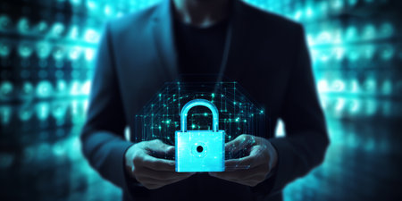 Generative AI : Cyber security data protection information privacy internet technology concept Businessman working on digital tablet computer with padlock protecting business and fの素材