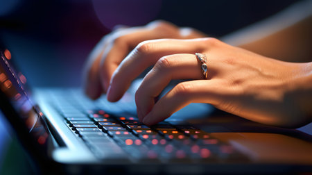 Generative AI : Data Search Technology Search Engine Optimization SEO Womans hands typing on laptop computer keyboard to search the information online contentの素材