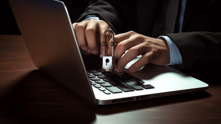 Generative AI : Cyber security network Businessman using laptop and tablet with digital padlock for personal data protection on internet technology networking and social network coの素材