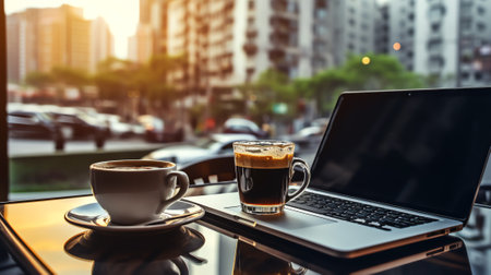 Generative AI : Cup of hot latte coffee and laptop computer on wooden table in coffee shop coworking space toned image Online business working from cafe portable office concept cloの素材