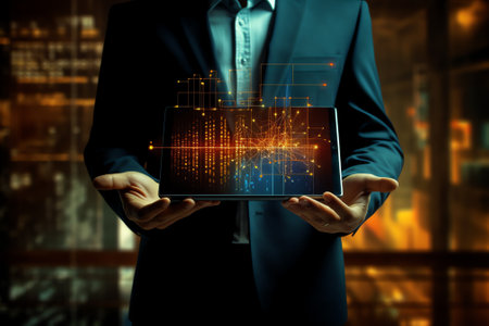 Generative AI : Data science Man programmer using digital tablet computer analyzing and develop software on futuristic virtual interface screen Algorithm big data analysis and manaの素材