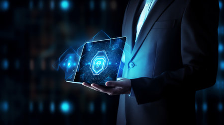 Generative AI : Cyber security and data protection Businessman using digital tablet protecting business and financial data with virtual network connection smart solution from cyberの素材