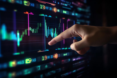 Generative AI : Data science business analysis and strategy big data conceptBusinessman analyzing financial graph on virtual touch screen technology solution for business developmeの素材