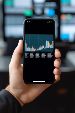 Generative AI : Currency exchange money transfer FinTech financial technology World economy report Man using smartphone with forex trading graph stock market report USD currency buの素材