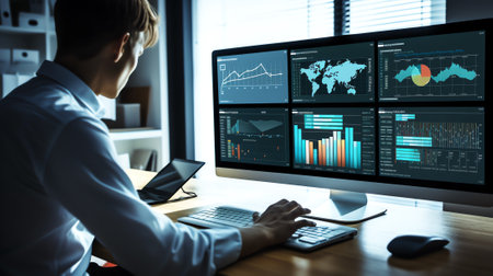 Generative AI : Data Management System Analyst working with business Analytics documents on computer to make report with KPI and connected to database Corporate strategy for financの素材