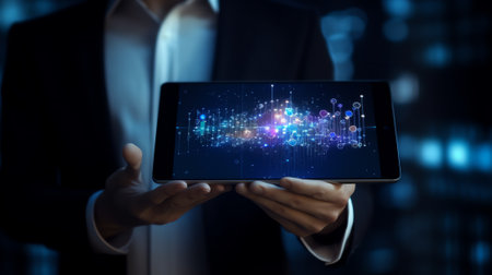 Generative AI : Data scientists Business man touching on digital tablet computer analyzing business report financial graph on futuristic virtual interface screen Algorithm marketinの素材