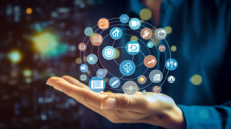 Generative AI : Digital marketing online business technology social media advertisement business plan and strategy Businessman with digital marketing IoT Internet network Digital tの素材