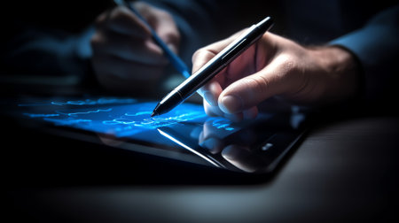 Generative AI : Digital signature Business man hand with stylus pen signing on electronic document via digital tablet application Designer using tablet working in office close up Bの素材