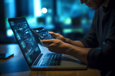 Generative AI : Digital software development Internet technology concept Software apps developer man programmer working on mobile phone and laptop with binary javascript computer cの素材