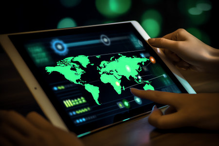 Generative AI : Digital software technology Mobile apps development speed internet wireless network concept Software developer coding programmer input data on digital tablet with bの素材