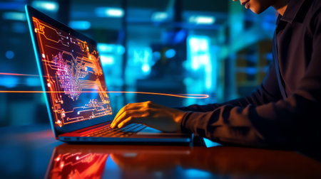 Generative AI : Digital software technology application development Businessman coding programmer software developer work on digital diagram via laptop with computer code binary onの素材