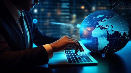 Generative AI : Digital technology data exchange cloud computing global business concept Businessman working on laptop and digital tablet with internet network futuristic technologの素材