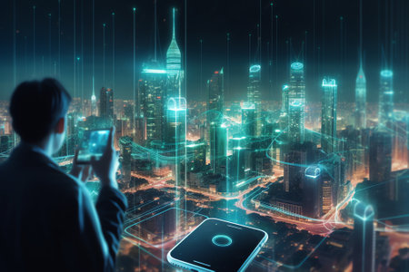 Generative AI : Digital software development concept Double exposure programmer software developer coding mobile app on smart phone laptop and city with binary big data augmented rの素材