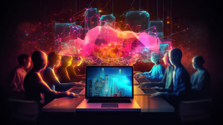 Generative AI : Digital software development internet network technology concept Double exposure coding programmer software developer input data on laptop computer with futuristicの素材