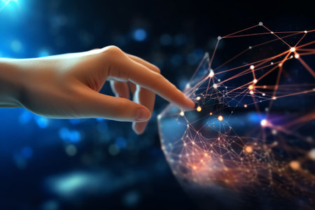 Generative AI : Digital technology background internet network connection big data digital transformation abstract data center future tech concept Woman finger touching on virtualの素材
