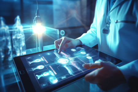 Generative AI : Doctor looking at digital chest xray report on digital tablet with laptop computer medical stethoscope and patient history checklist clipboard on table top viewの素材
