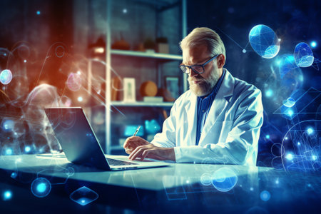 Generative AI : Doctor working on laptop and mobile smart phone with computer interface as medical online and network connection health icons on virtual screen medical technology nの素材