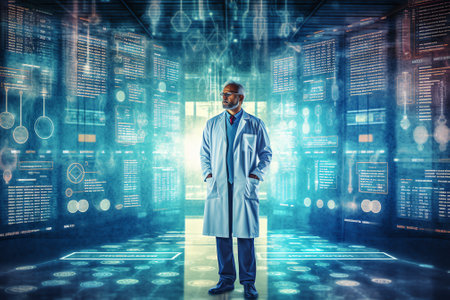 Generative AI : Doctor with stethoscope and modern virtual screen interface medical technology network with hospital interior as background smart health virtual hospital online medの素材