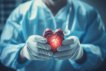 Generative AI : Doctor touching heart shape button on EKG graph monitorの素材