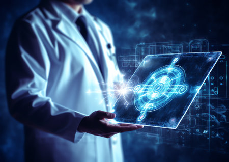 Generative AI : Doctor working on digital tablet computer with health icons flow telemedicine electronics health record system EHRs electronics medical record system EMRs internetの素材